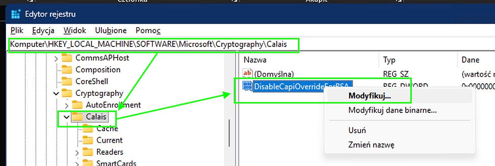 DisableCapiOverrideForRSA w rejestrze Windows
