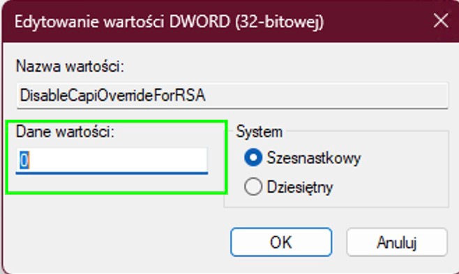 Zmiana wartości DisableCapiOverrideForRSA na 0